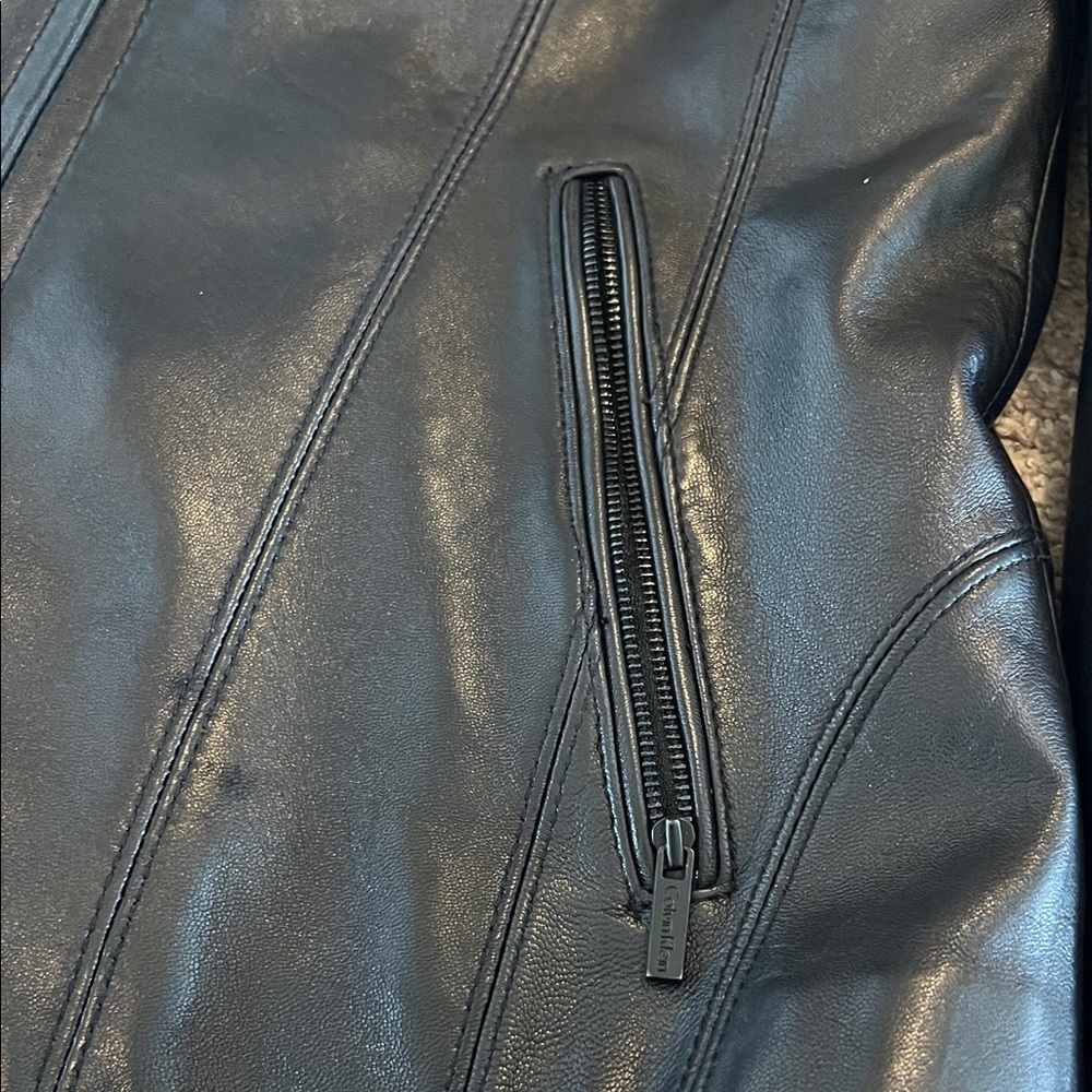 Calvin Klein Black Leather Zip-Up Women's Jacket - Picture 3 of 6
